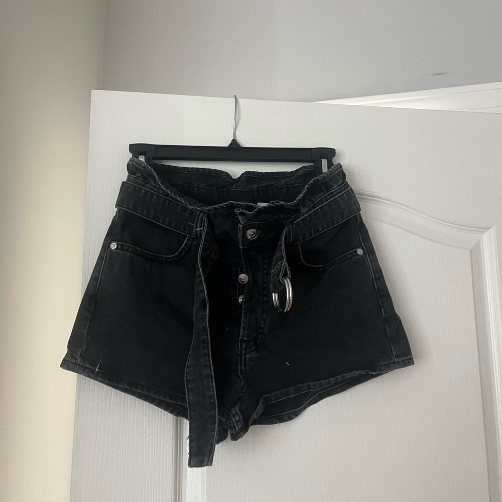 Divided Black High-Waist Paperbag Denim Shorts with Tie